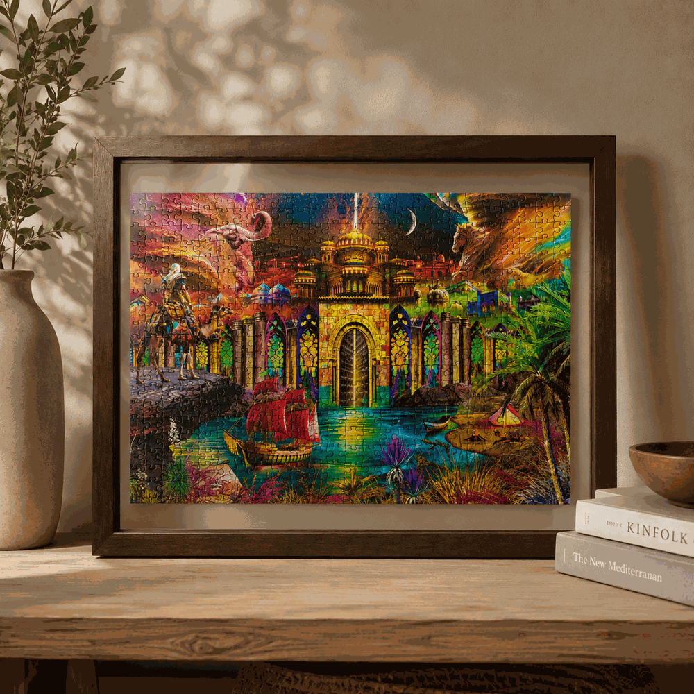 The Flipsi Frame, front on, holding the Enchanted Sands front artwork