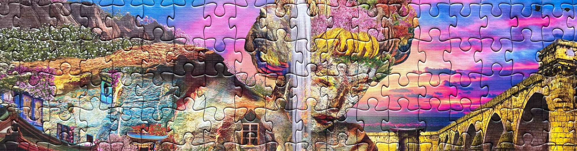A Flipsi puzzle mid-build on a warm wooden table