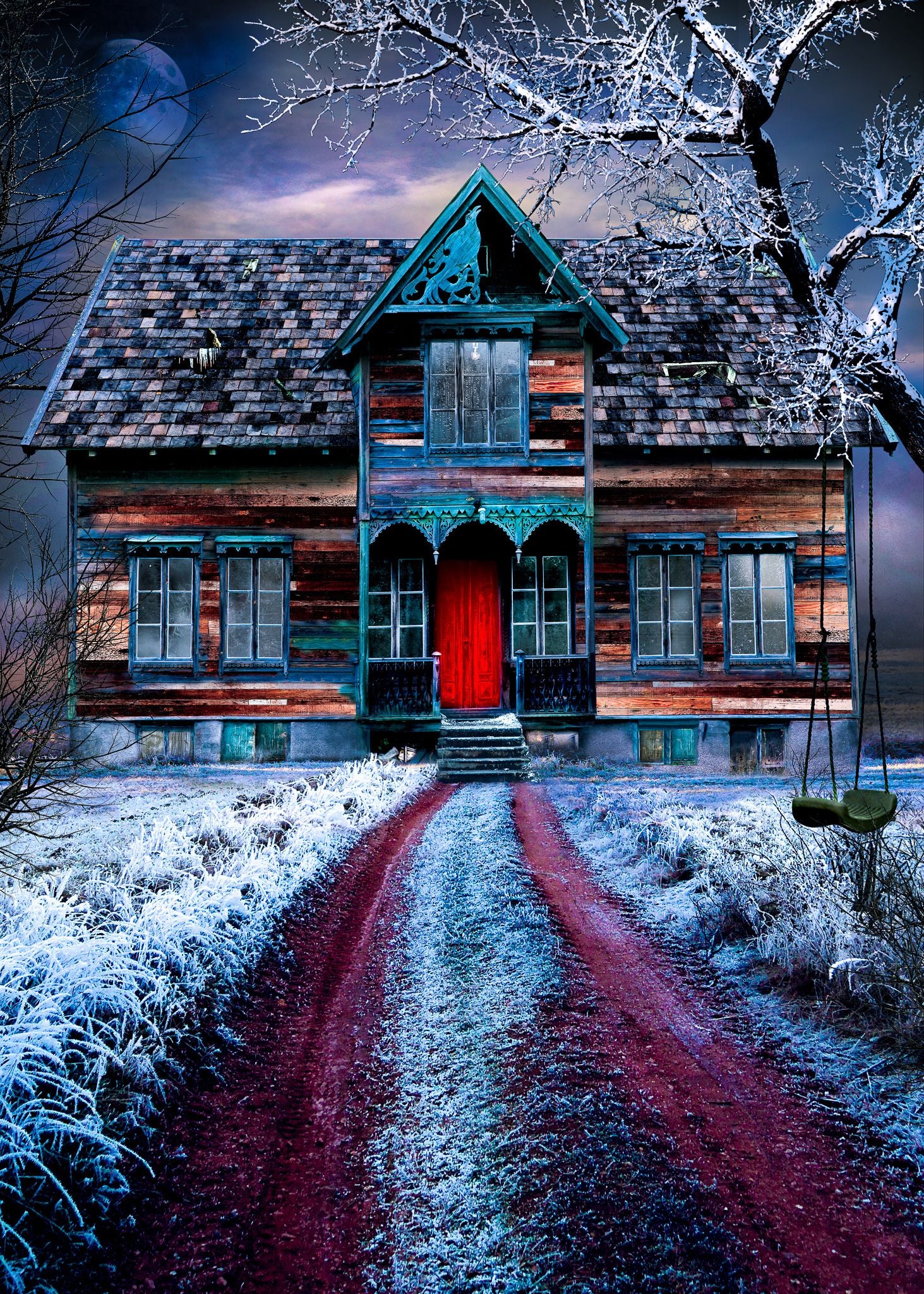 The front artwork of the Haunted House Flipsi puzzle: an old weatherboard house at dusk under a stormy sky.